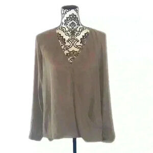 Worthington Beige Sheer Strappy Wrap top with Button Sleeves, M